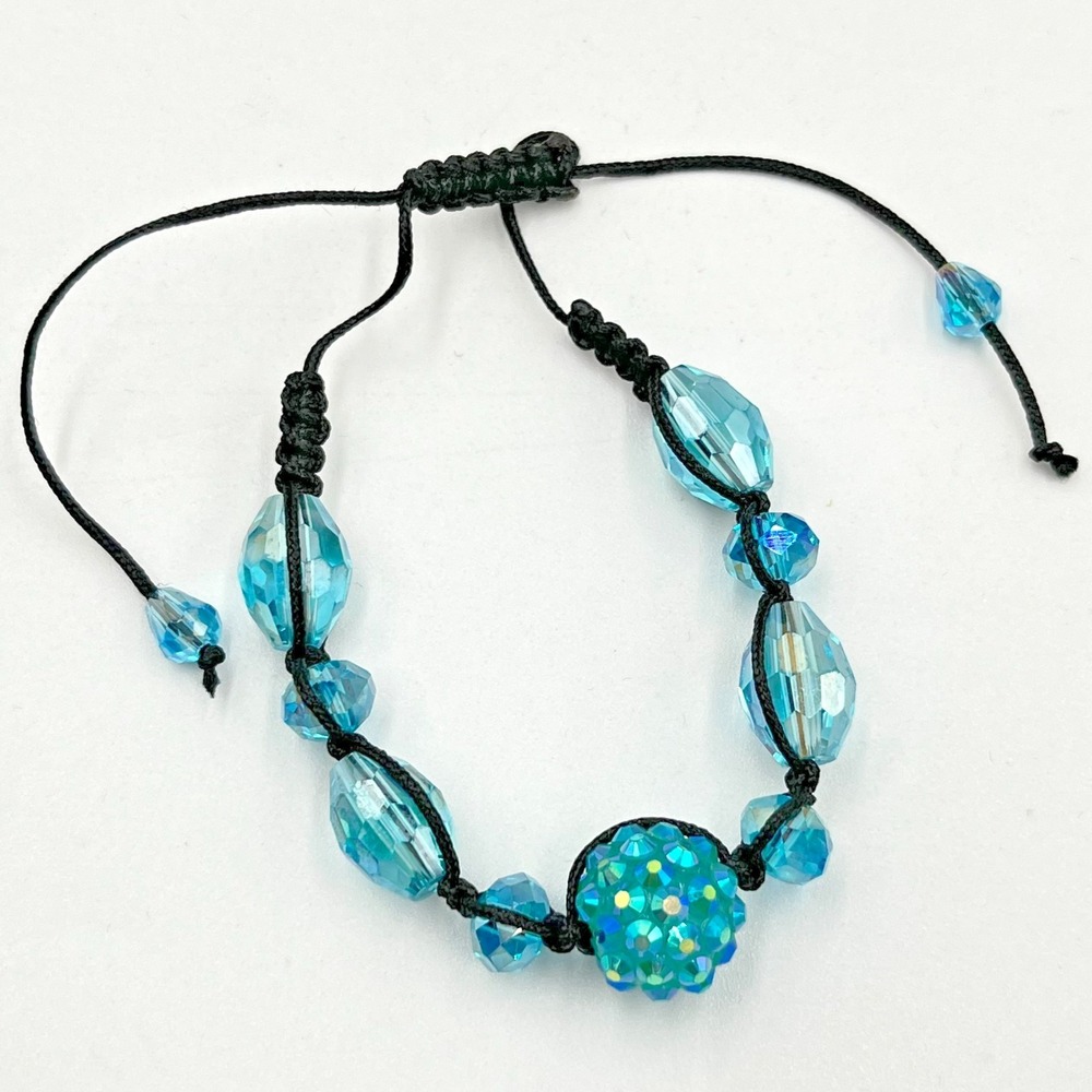 Vintage Y2K Aqua Blue Crystal Shamballa Adjustable Cord Bracelet Disco Ball Boho
